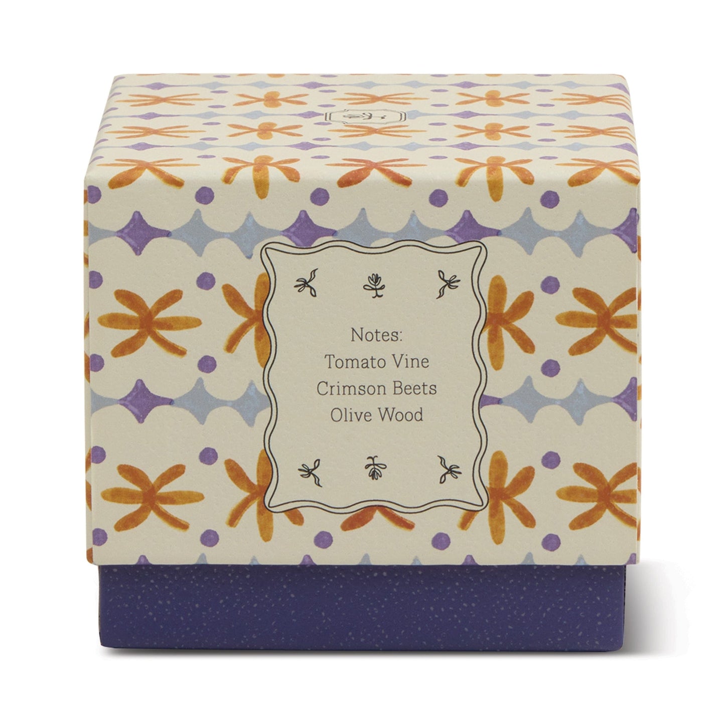The Garden & Grove - Tulip 5.5 oz Candle comes in a decorative square box with floral and geometric patterns in orange, purple, and gray. Enjoy garden-inspired aromas of tomato vine, crimson beets, and olive wood in a rustic vessel.