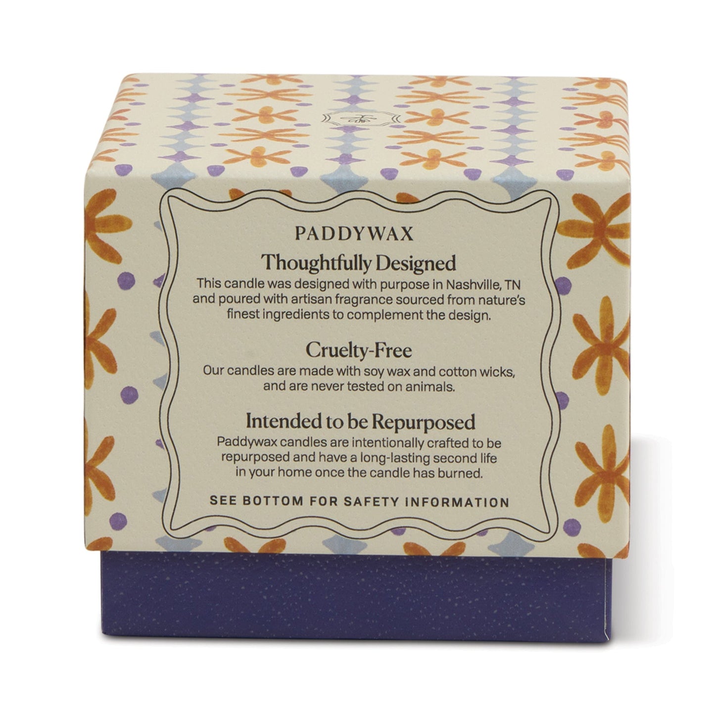 The Garden & Grove - Tulip 5.5 oz Candle comes in a decorative box with floral patterns and a label: Paddywax – Thoughtfully Designed, Cruelty-Free, Intended to be Repurposed. Ideal for garden-inspired home decor; includes product and safety info.