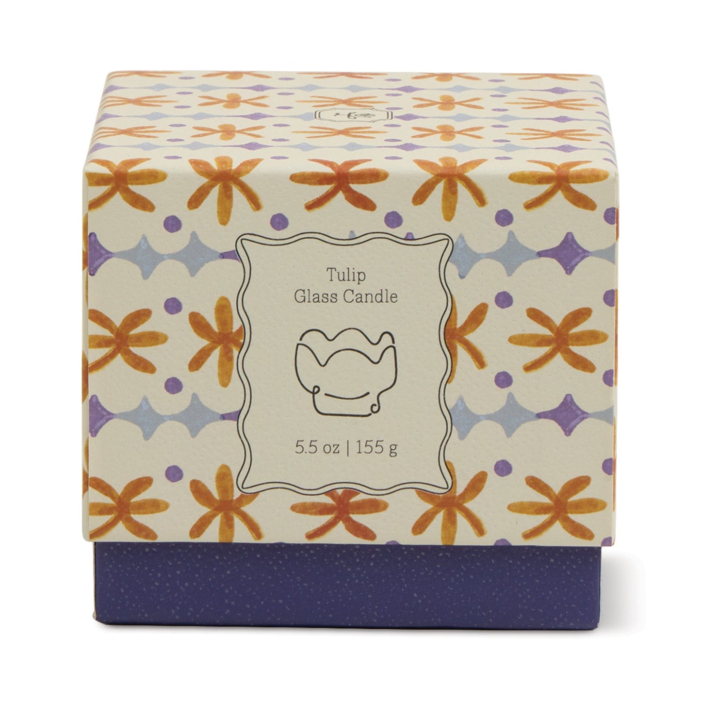 A decorative candle box labeled Garden & Grove - Tulip 5.5 oz Candle features a floral orange and purple pattern and a simple line drawing of a rustic vessel, perfect for garden-inspired home decor.