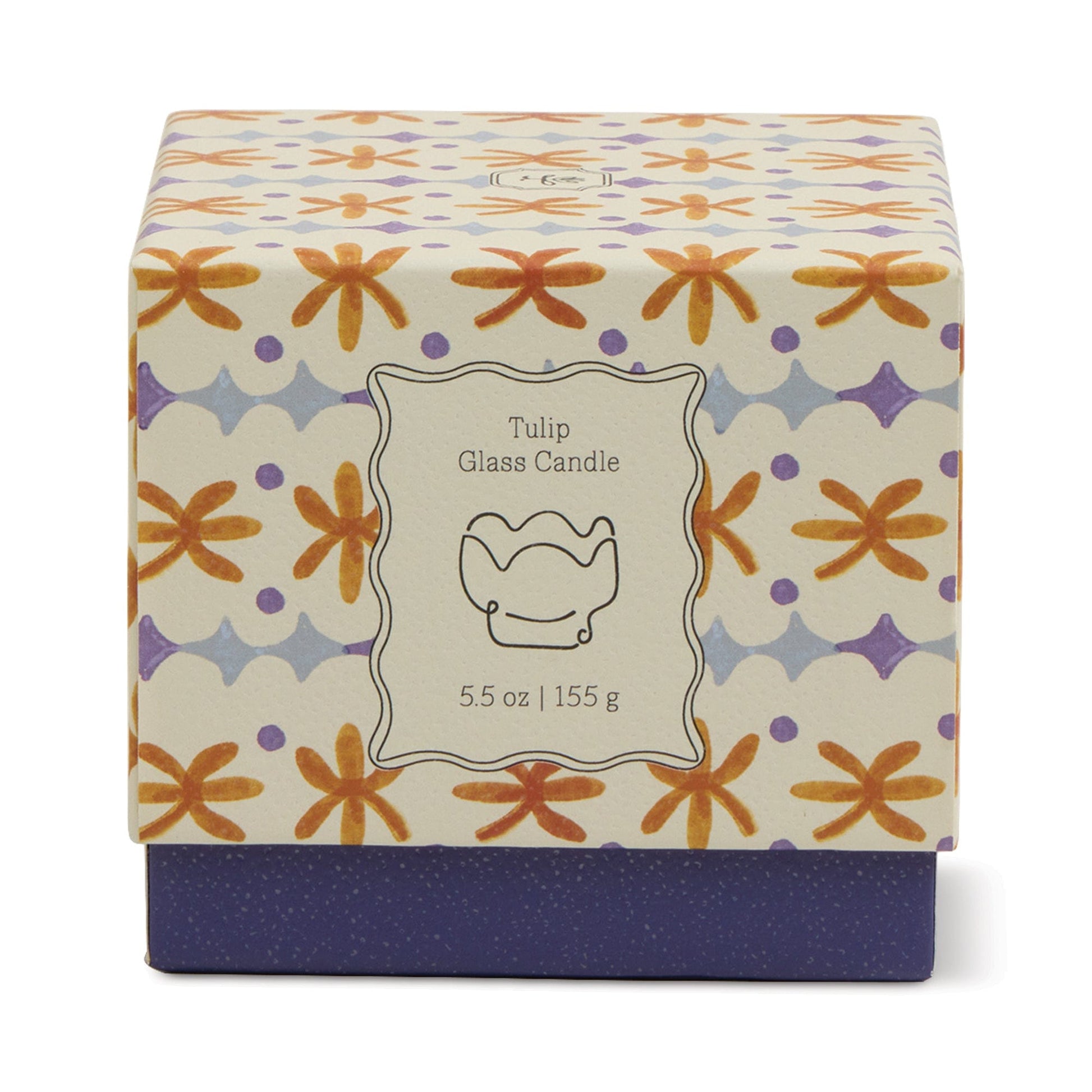 A decorative candle box labeled Garden & Grove - Tulip 5.5 oz Candle features a floral orange and purple pattern and a simple line drawing of a rustic vessel, perfect for garden-inspired home decor.