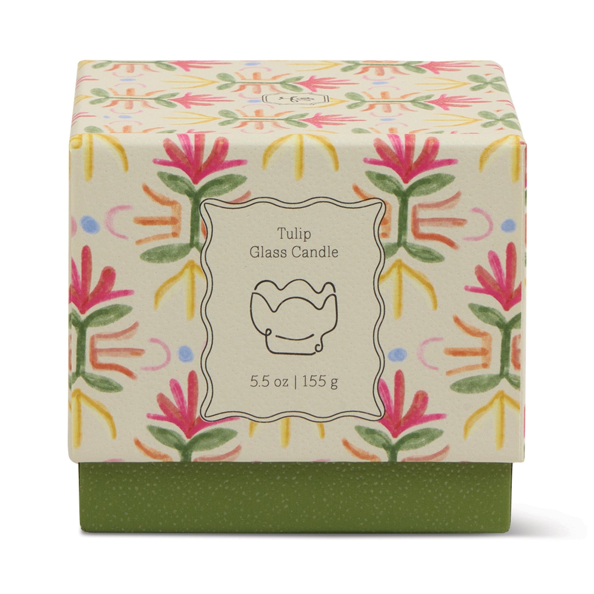 The Bronzed Gardenia - Tulip 5.5 oz Candle comes in a decorative box with a pink, green, and yellow tulip pattern featuring a simple candle illustration—perfect for adding floral style to your home decor.