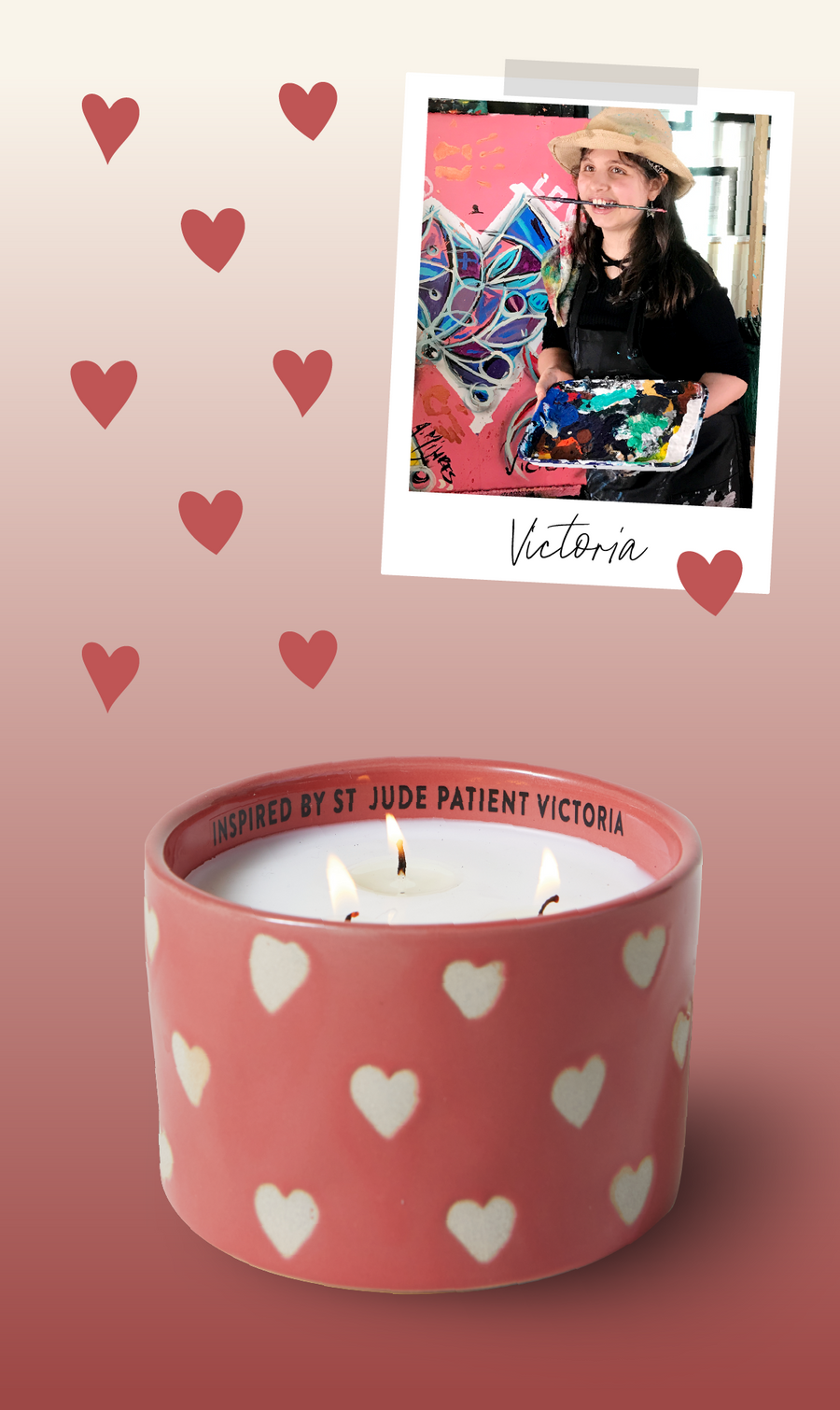 St. Jude patient, Victoria with Paddywax Giveback Candle in red ceramic candle jar with hearts handpoured with soy wax