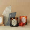 Three Paddywax candles in glass jars, each labeled with different scents, are arranged in front of two stone slabs and a red flower on a beige background.