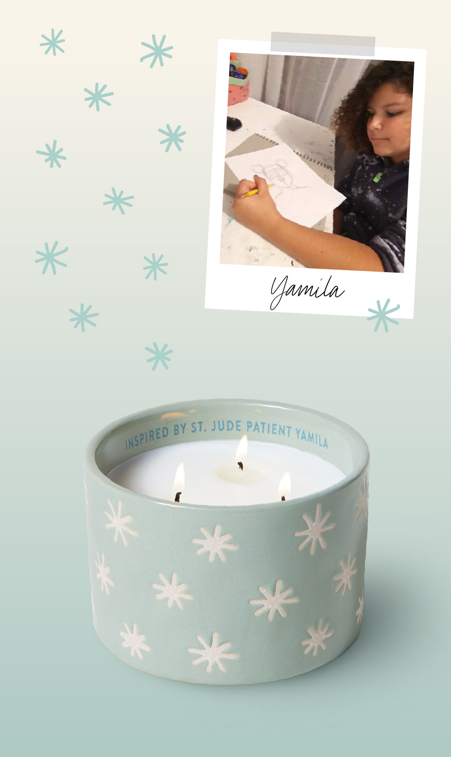 St. Jude patient, Yamila with Paddywax Giveback Candle in soft blue ceramic candle jar with sparkling stars handpoured with soy wax