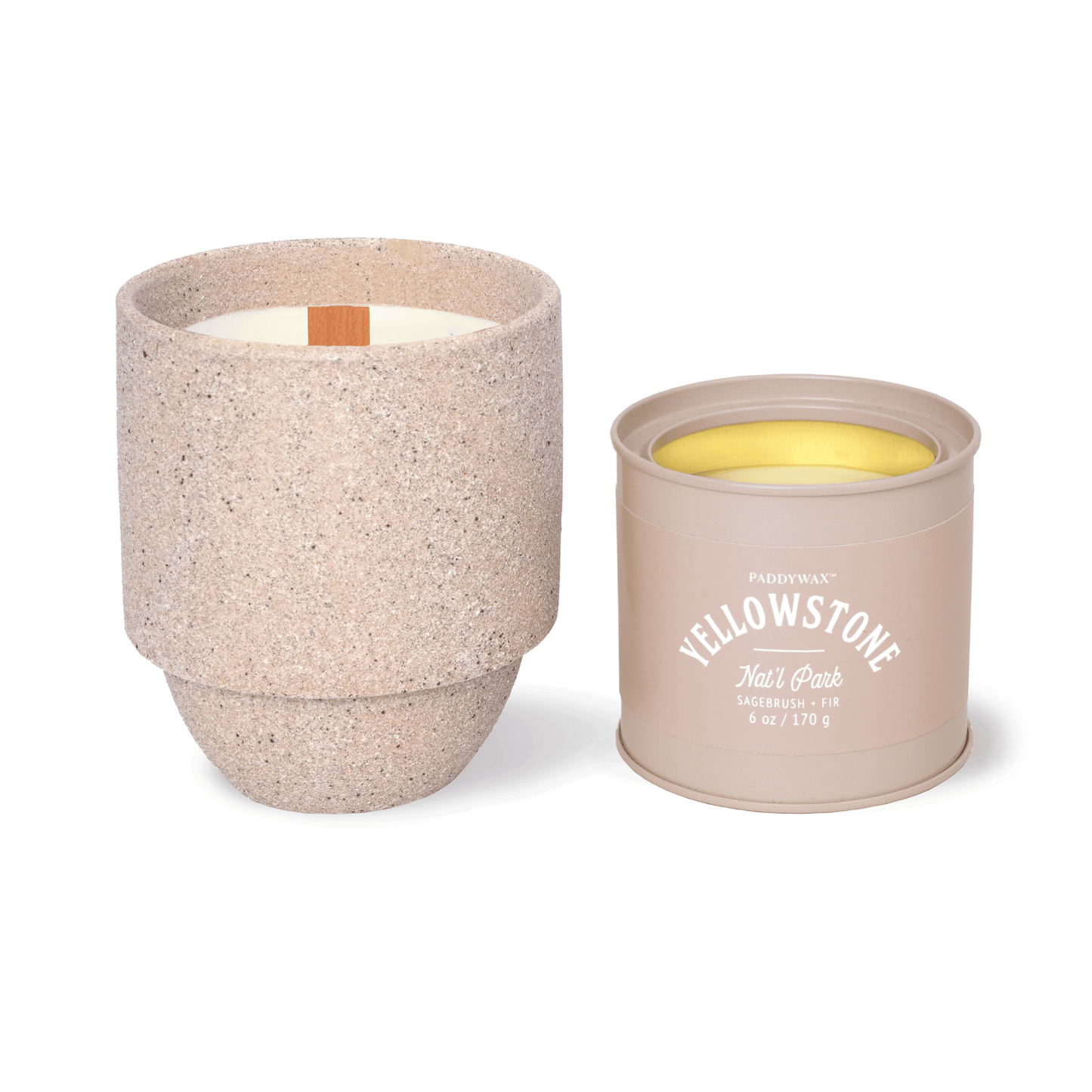 Parks 6oz Candle - Sagebrush +Fir candle on a white background next to another Parks Collection candle.