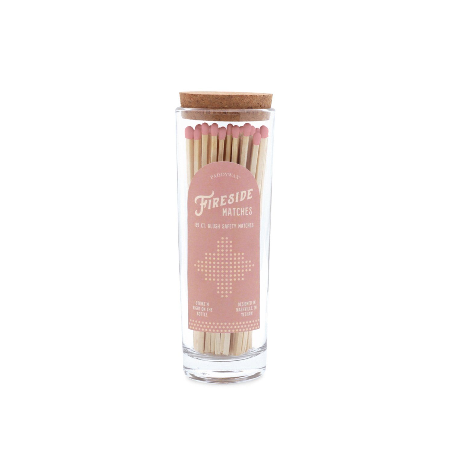 5.25" pink-tipped matches in tall glass tube with cork stopper; pink label on the side reads “Fireside Matches”; 85 matches inside