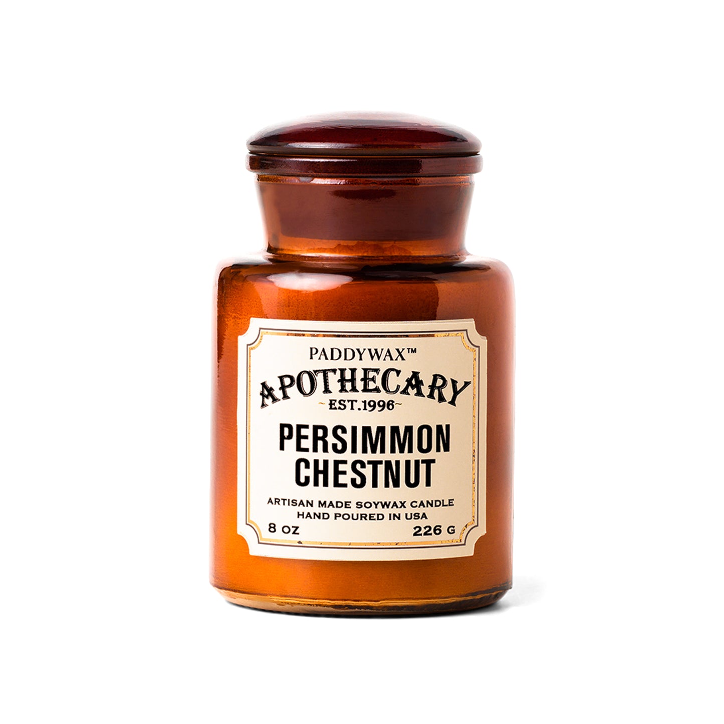 8 oz dark brown apothecary bottle glass vessel with a vintage-style label; white wax; part of the apothecary collection