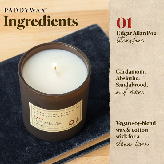 Photo of the Edgar Allan Poe Library candle with a list of ingredients. Cardamom, absinthe, sandalwood, and more. Vegan soy blend wax and cotton wick for a clean burn.
