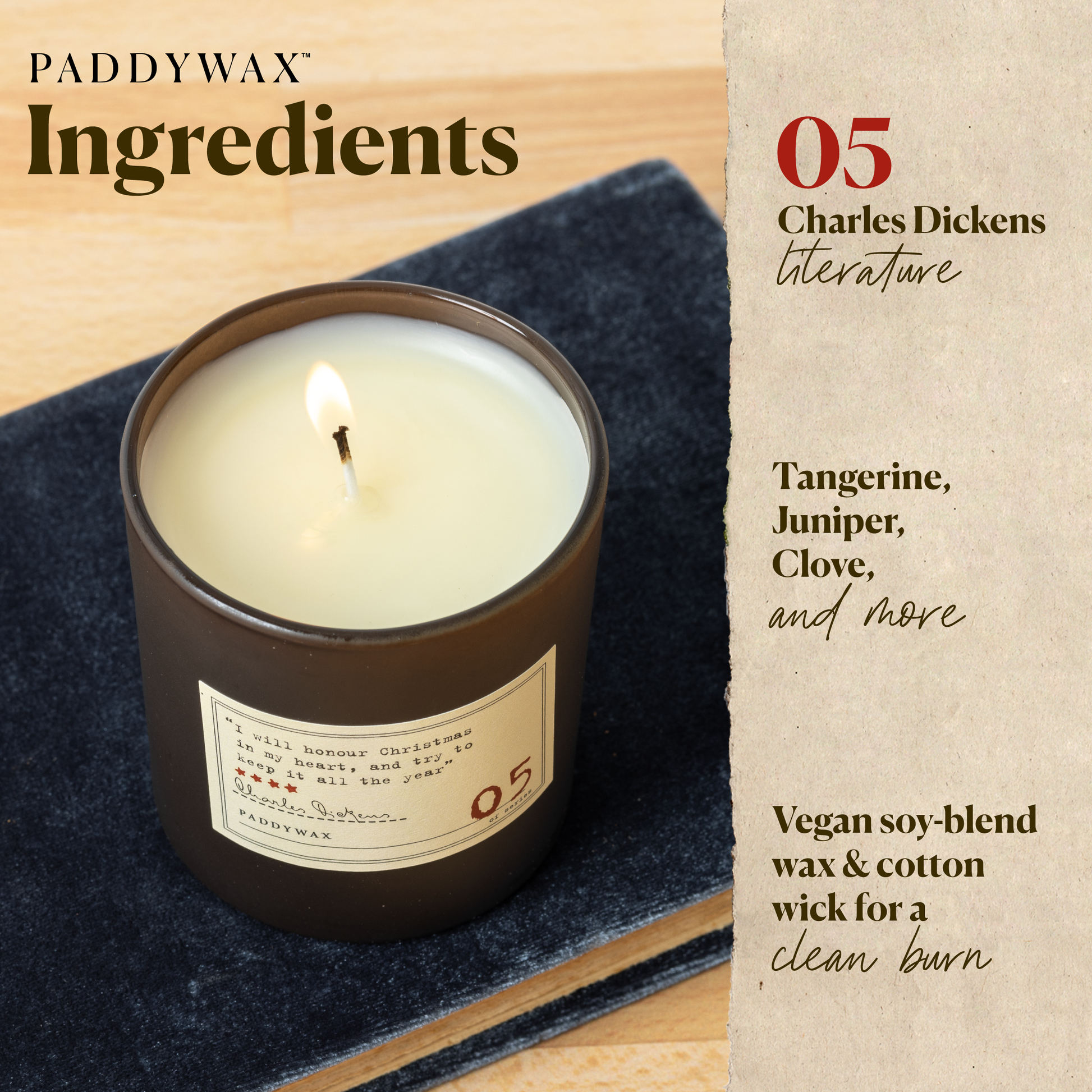 Photo of the Charles Dickens Library candle with a list of ingredients. Tangerine, Juniper, Clove, and more. Vegan soy blend wax and cotton wick for a clean burn.