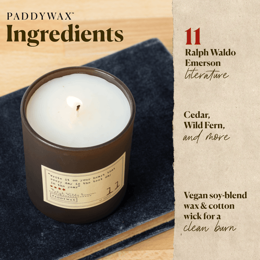 Photo of the Ralph Waldo Emerson Library candle with a list of ingredients. Cedar, wild fern, and more. Vegan soy blend wax and cotton wick for a clean burn.
