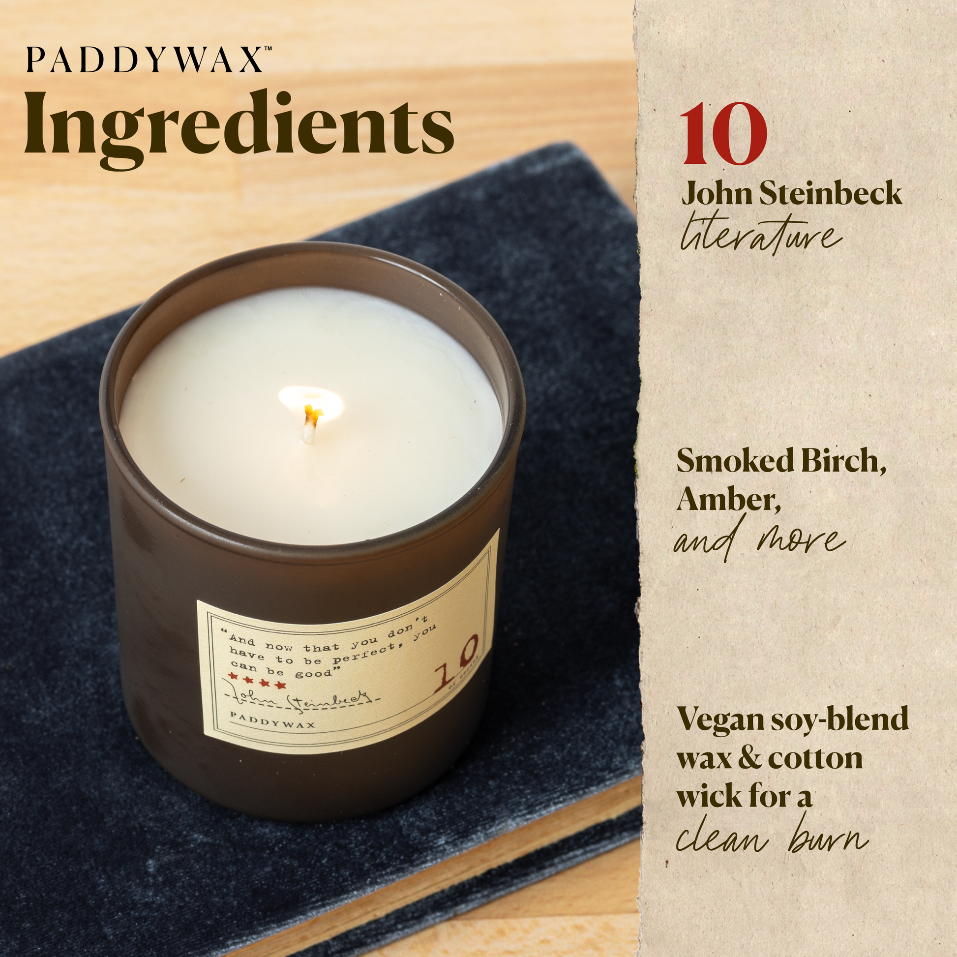 Photo of the John Steinbeck Library candle with a list of ingredients. Smoked birch, amber, and more. Vegan soy blend wax and cotton wick for a clean burn.