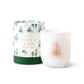 white opaque glass vessel with copper decal of fir trees; pictured next to white cylindrical candle holder with green fir trees on it