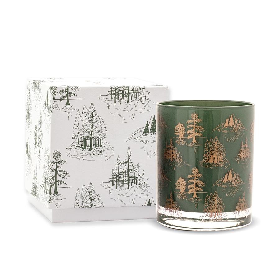 Cypress + Fir - 7 oz Green Glass Candle Gift Box - green and gold trees on the vessel