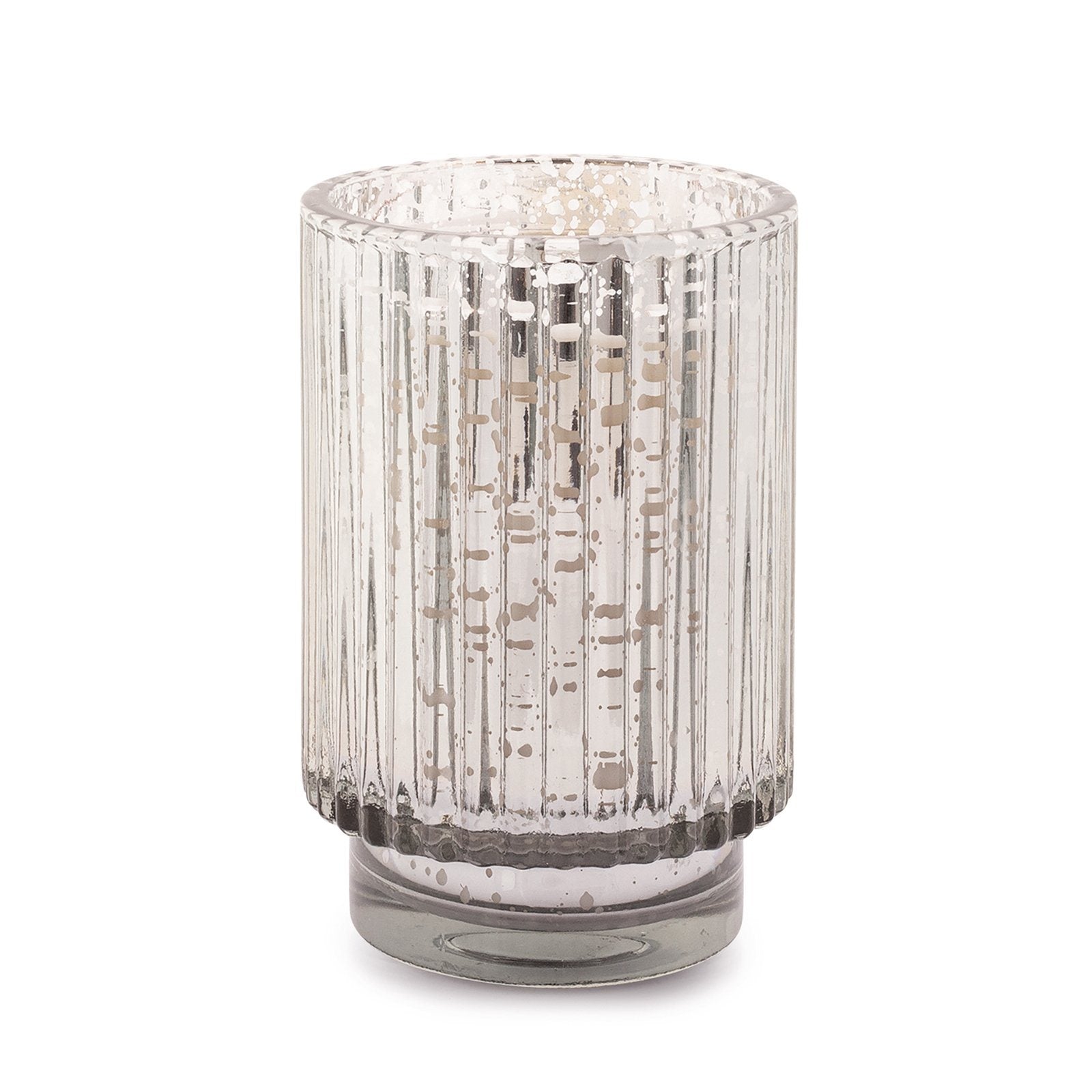 12 oz. tall silver/clear glass vessel that gives off a disco ball-like glow when lit; white wax and one cotton wick