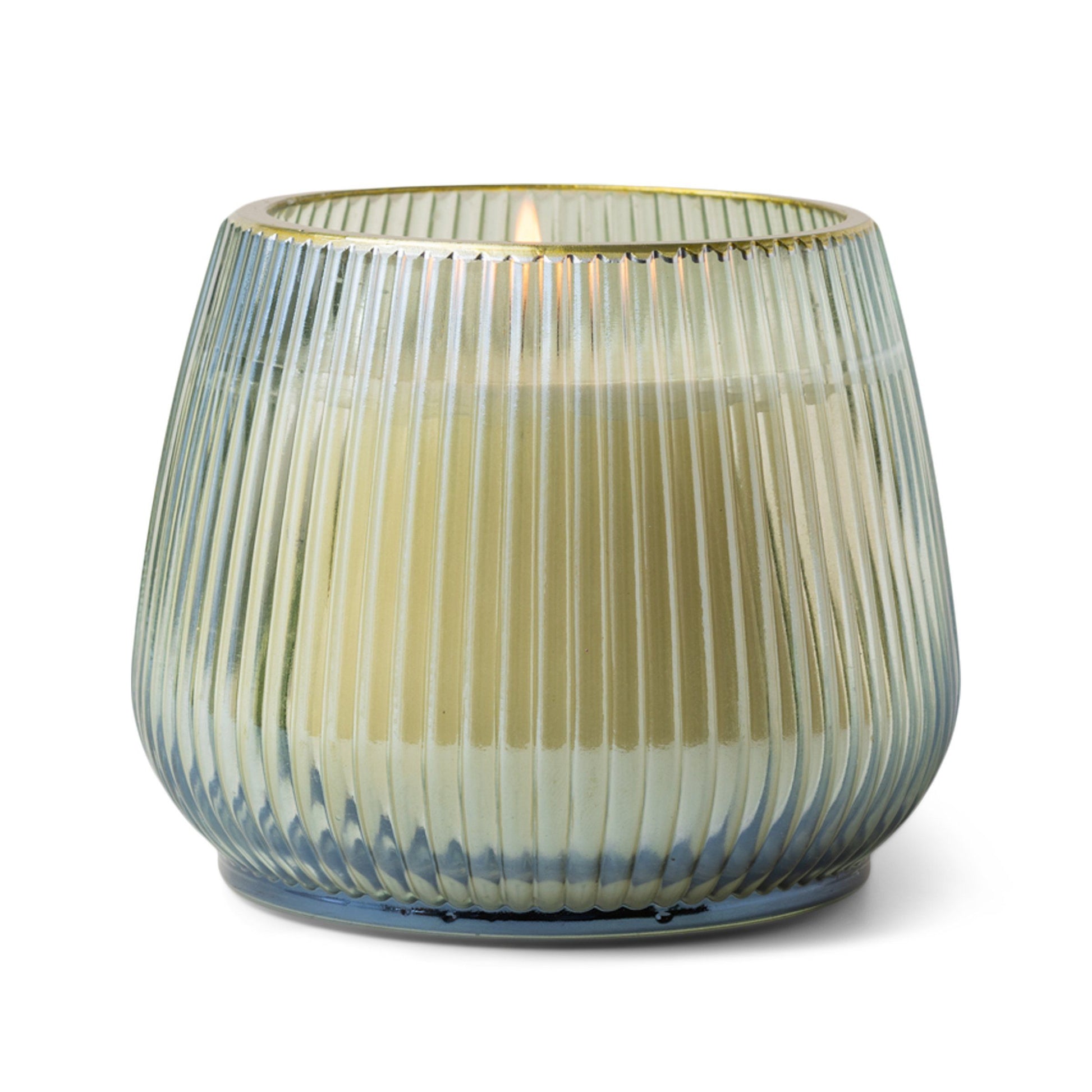  12 oz. ribbed glass vessel with a subtle lustre and gold rim; white wax and one cotton wick