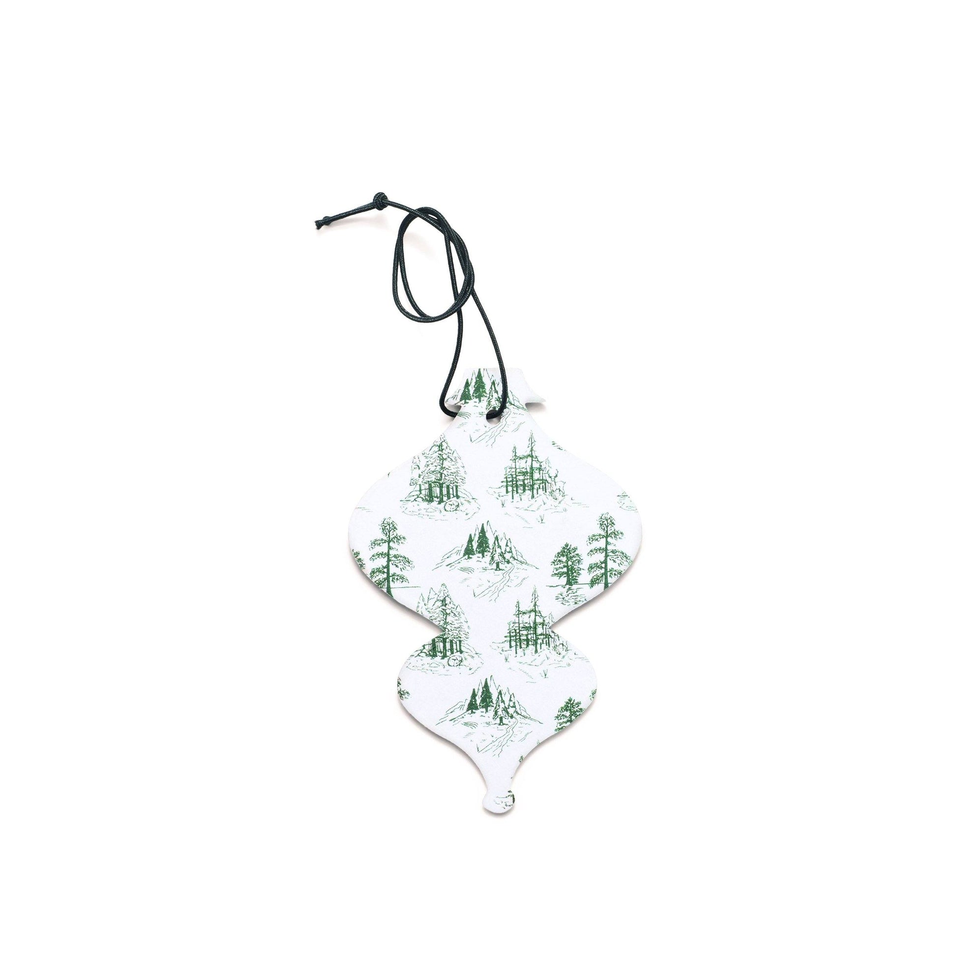 ornament-shaped white car fragrance styled with green sketches of fir trees and landscapes; cypress and fir scent