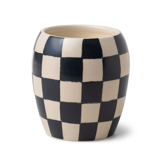 11 oz ceramic vessel with rounded cylindrical shape and a black/white checker design; one cotton wick