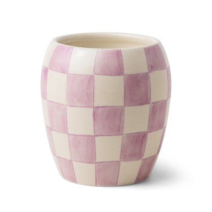 11 oz ceramic vessel with rounded cylindrical shape and a light purple and white checker design; one cotton wick