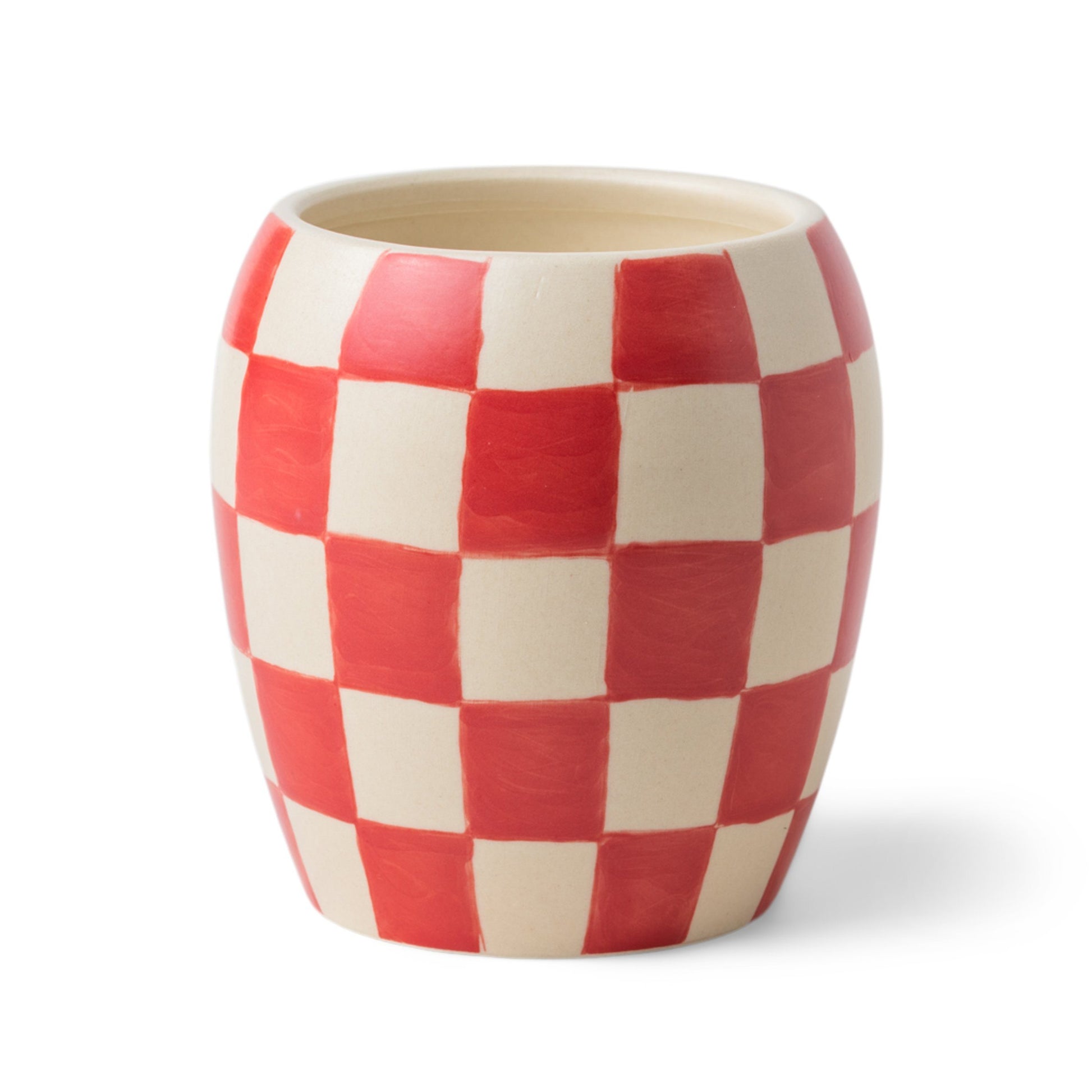 11 oz ceramic vessel with rounded cylindrical shape and a red and white checker design; one cotton wick