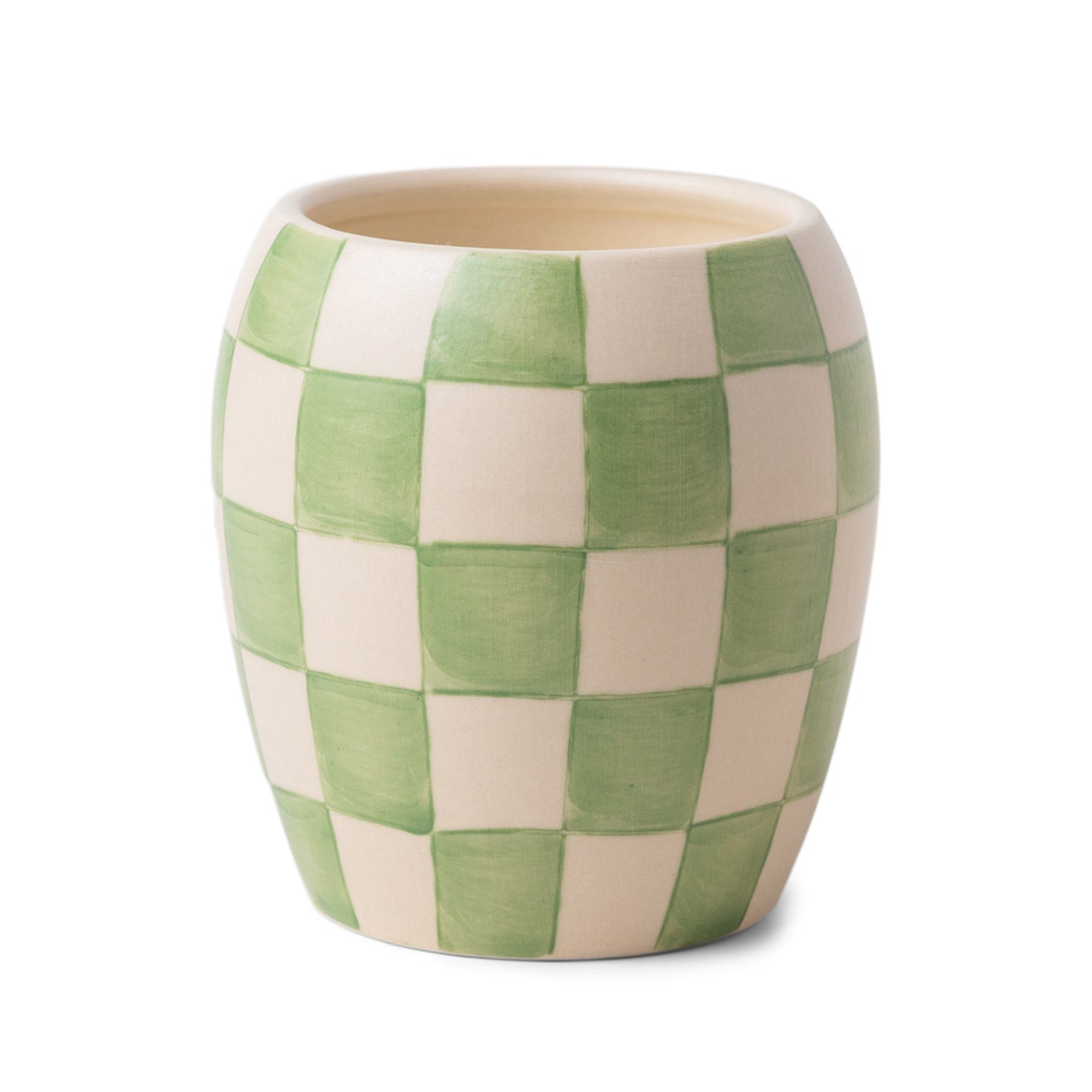 11 oz ceramic vessel with rounded cylindrical shape and a light green and white checker design; one cotton wick