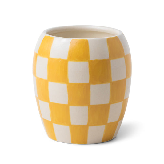 11 oz ceramic vessel with rounded cylindrical shape and a yellow and white checker design; one cotton wick