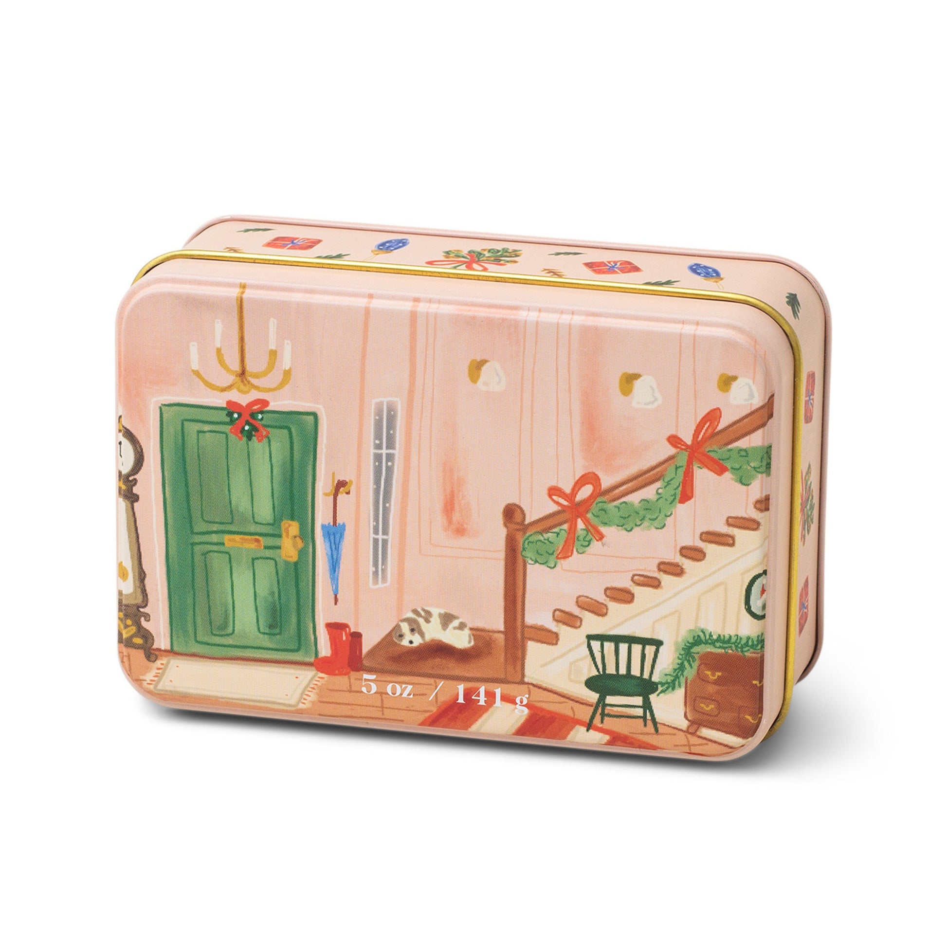 5 oz holiday tin with custom artwork; lid shows house entry decorated for the holidays