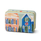 5 oz holiday tin with custom artwork; lid shows snow-covered houses decorated for the holidays