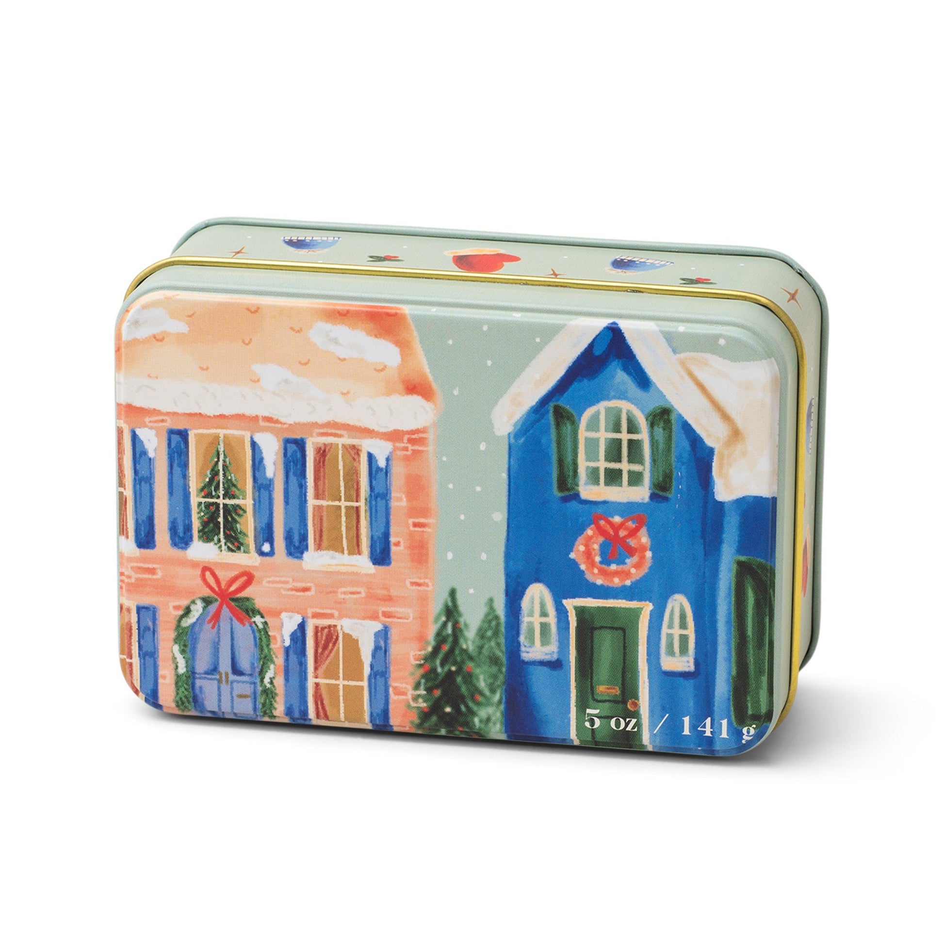 5 oz holiday tin with custom artwork; lid shows snow-covered houses decorated for the holidays