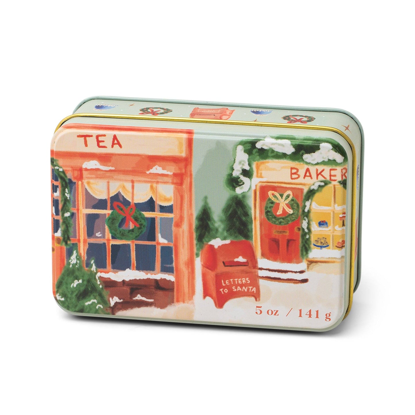 5 oz holiday tin with custom artwork; lid shows snow-covered storefronts