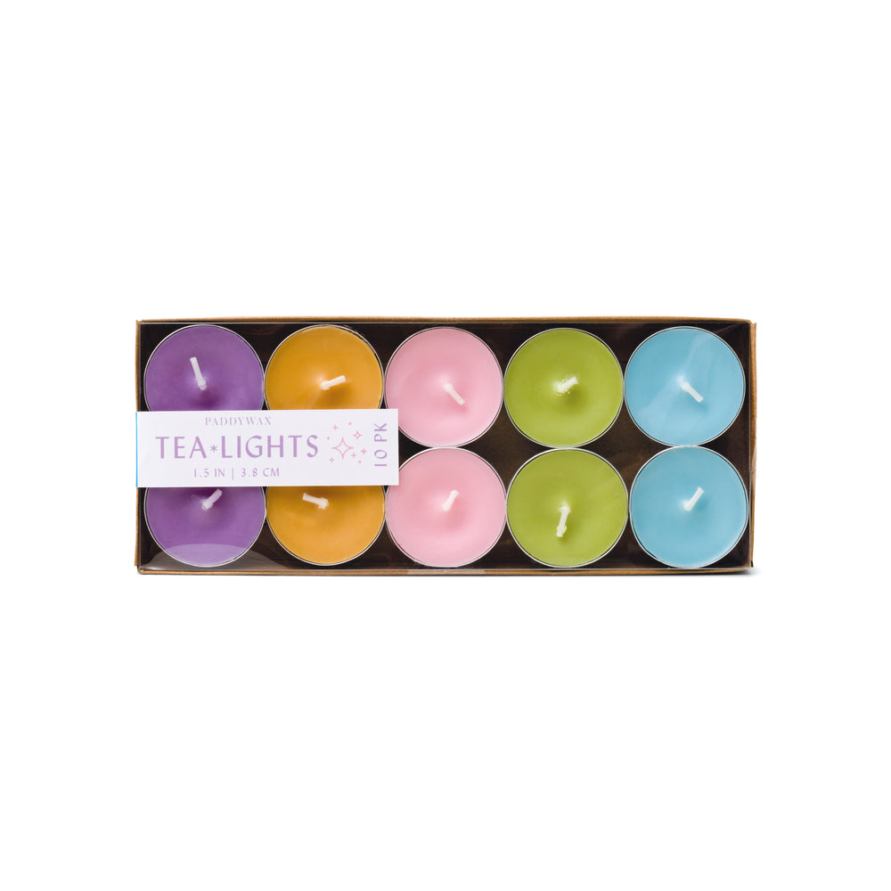 10 tea light candles in small tins, pictured in the packaging; two of each color: Purple, Yellow, Pink, Green, and Blue