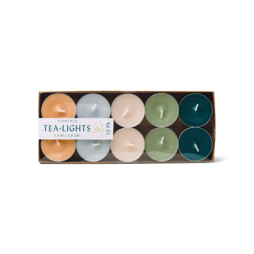 10 tea light candles in small tins, pictured in the packaging; two of each color: Peach, Light Blue, Cream, Green, and Teal Blue
