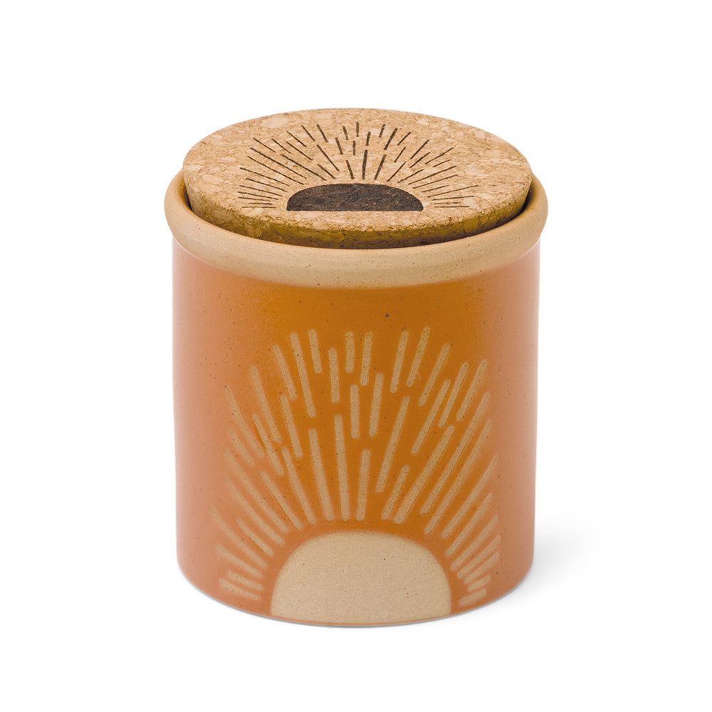 8 oz orange ceramic vessel with sun design and cork lid (also containing sun design)