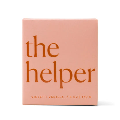 Pink box with "the helper" printed on the front; Also has the number 2 printed on the side