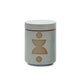 12 oz blue cylindrical ceramic vessel with ceramic lid; white wax and two cotton wicks; reflected beige design on the side