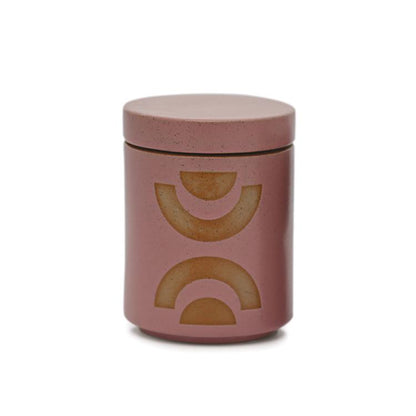 12 oz purple cylindrical ceramic vessel with ceramic lid; white wax and two cotton wicks and a beige semi-circle design on the side