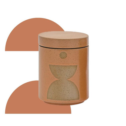 12 oz copper-colored cylindrical ceramic vessel with ceramic lid; white wax and two cotton wicks; reflected beige mirrored semi-circle design on the side