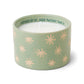 Green ceramic candle with sparkles and white soy wax center with three wicks. Debossed name on back side of the label with text "Inspired by St. Jude patient Yamila". Scented candle on white background