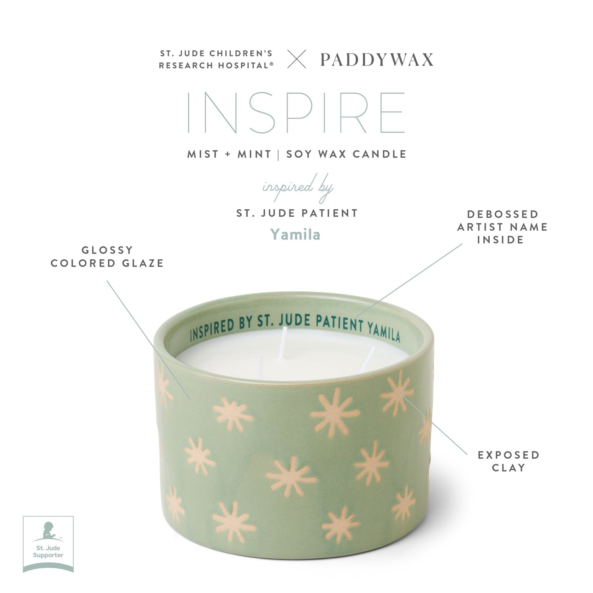 Infographic of green ceramic candle with product features text "St. Jude Children's Research Hospital ® x Paddywax Inspire Mist + Mint Soy Wax Candle inspired by St. Jude Patient Yamila. Glossy colored glazed. Debossed artist name inside. Exposed clay."