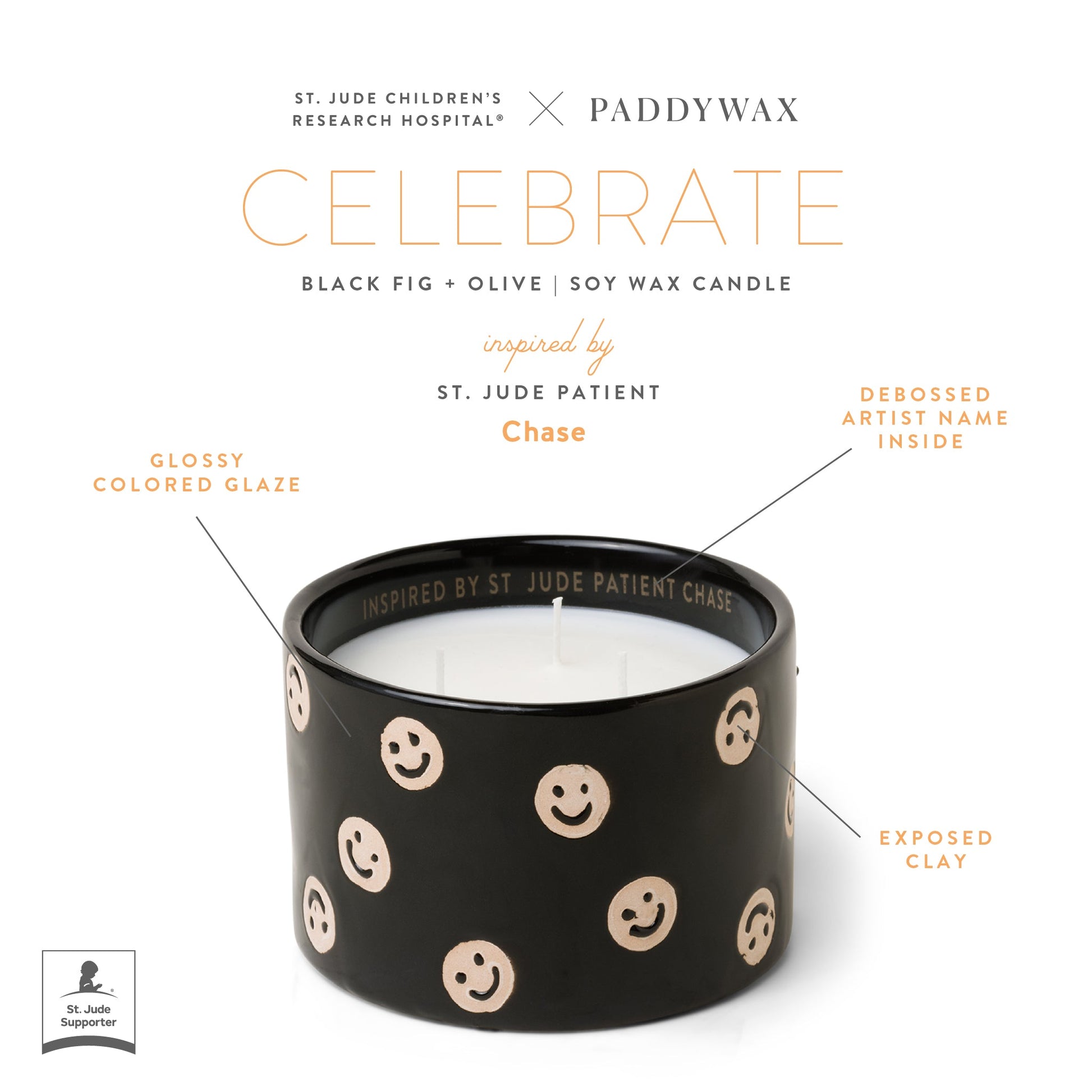 Infographic of black ceramic candle with product features text "St. Jude Children's Research Hospital ® x Paddywax Celebrate Black Fig + Olive Soy Wax Candle inspired by St. Jude Patient Chase. Glossy colored glazed. Debossed artist name inside. Exposed clay."