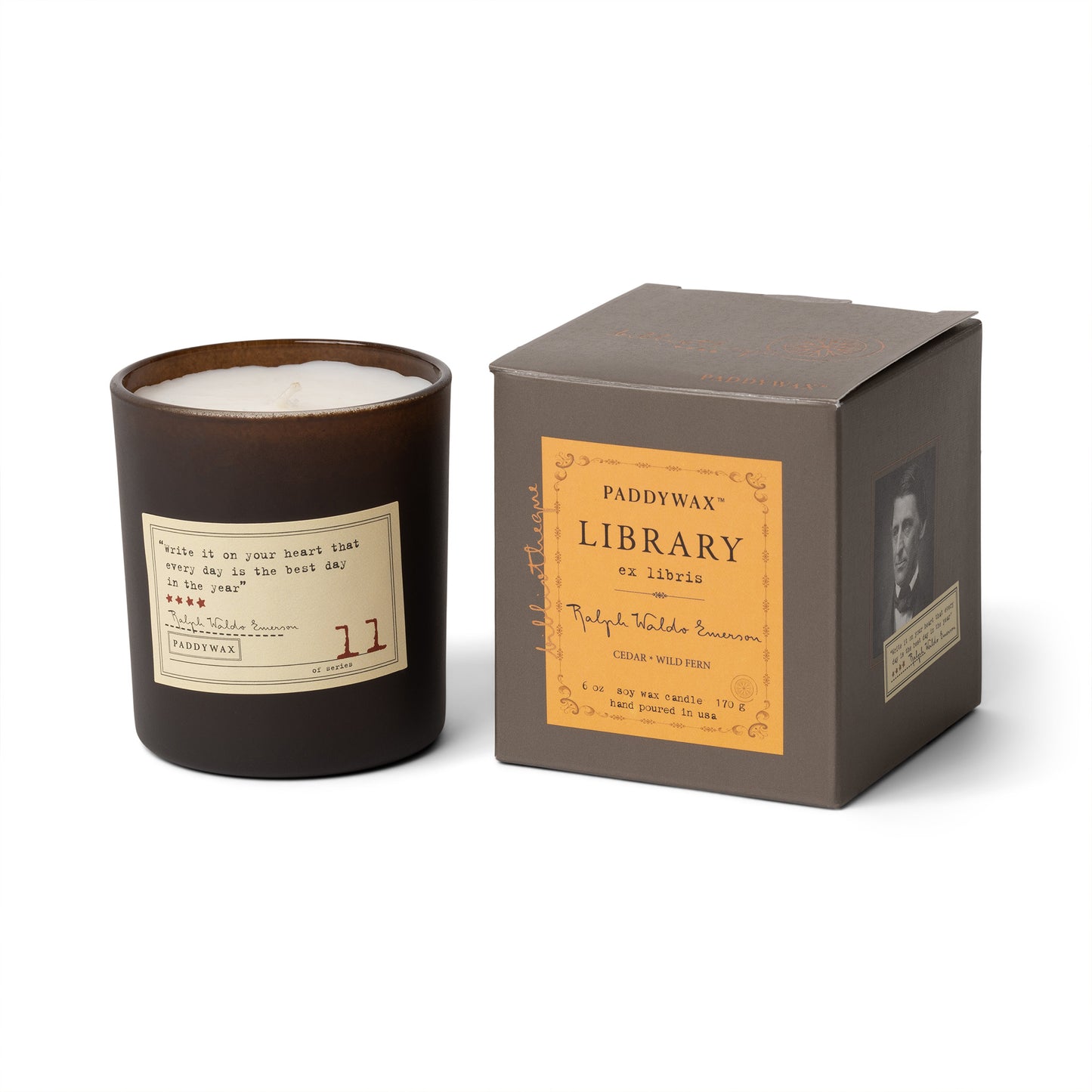 Library 6 oz Candle - Ralph Waldo Emerson - single wick with orange colored label