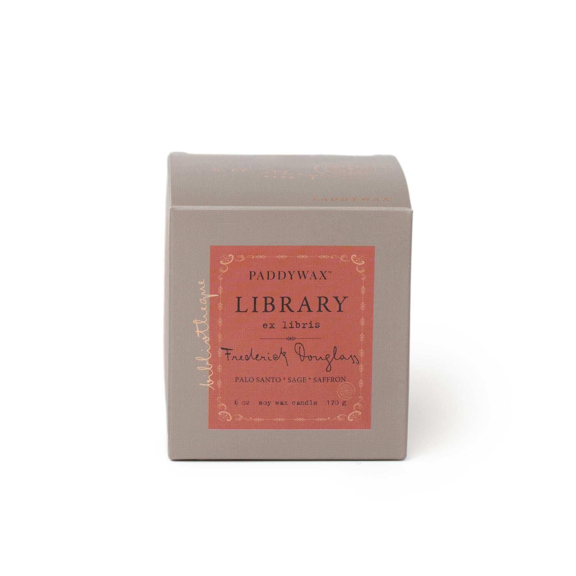 Grey box with red label for Library 6 oz. Candle - Frederick Douglas 