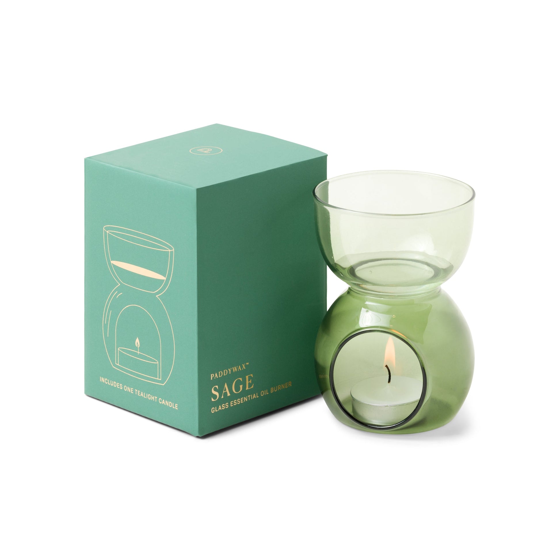 Essential Oil Burner & Tea Light Candle - Sage Green Glass and box side by side