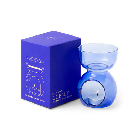 Essential Oil Burner & Tea Light Candle - Cobalt Blue Glass and box side by side