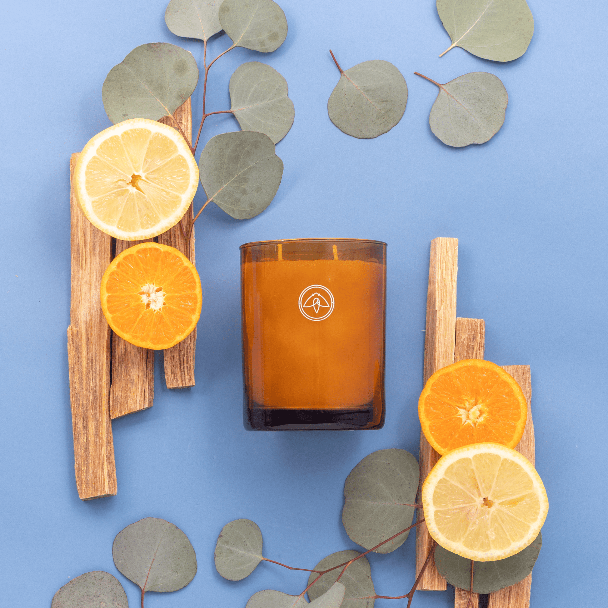 Glow Mandarin Musk candle on a blue background surrounded by lemon, redwood and eucalyptus leaves