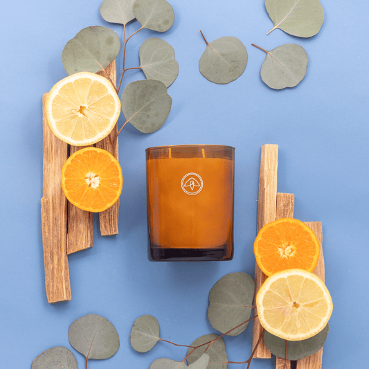 Glow Mandarin Musk candle on a blue background surrounded by lemon, redwood and eucalyptus leaves