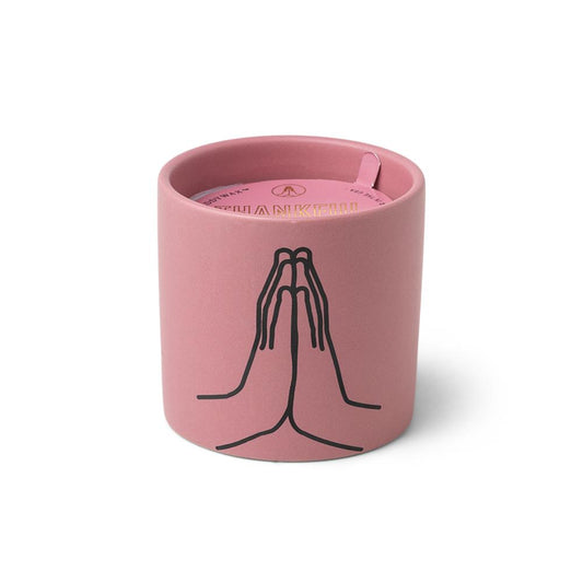 Impressions 5.75 oz Candle - Violet Vanilla "Thankful For You" - dark pink colored vessel with black outlined hands together 
