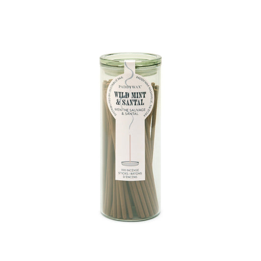 Green glass cylinder with white label holding 100 incense sticks for flameless fragrance