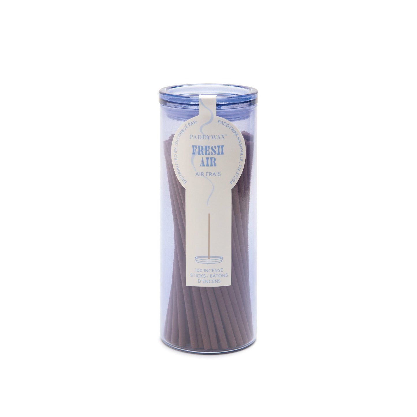 Blue glass cylinder with white label holding 100 incense sticks for flameless fragrance