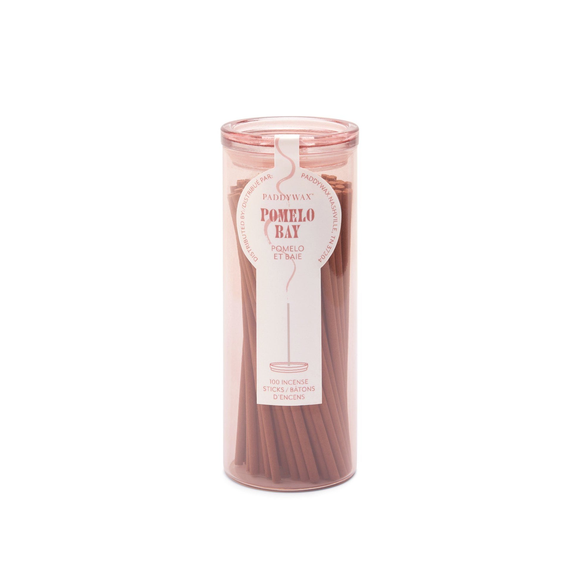 Pink glass cylinder with white label holding 100 incense sticks for flameless fragrance; 