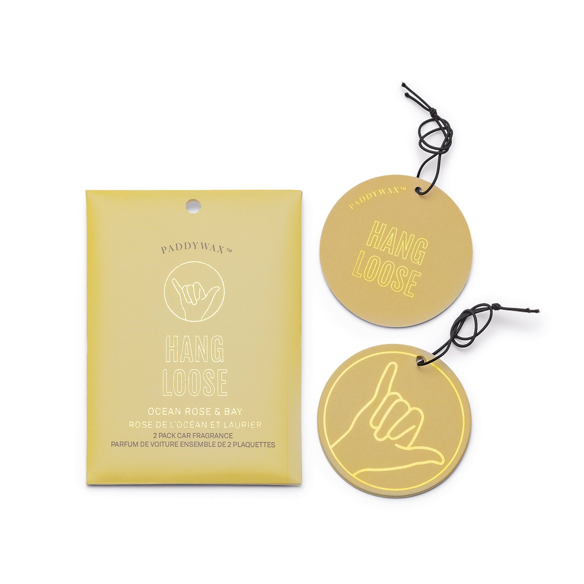 Impressions Car Fragrance - Ocean Rose + Bay "Hang Loose" - yellow colored outlined in gold